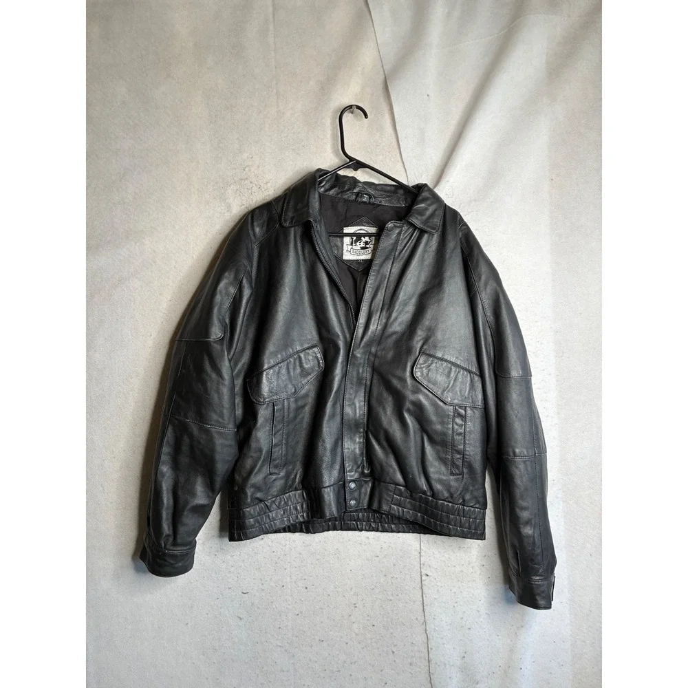 VTG Saddlery Mens Black Genuine Leather Bomber Jacket XL Flight Pilot Coat
